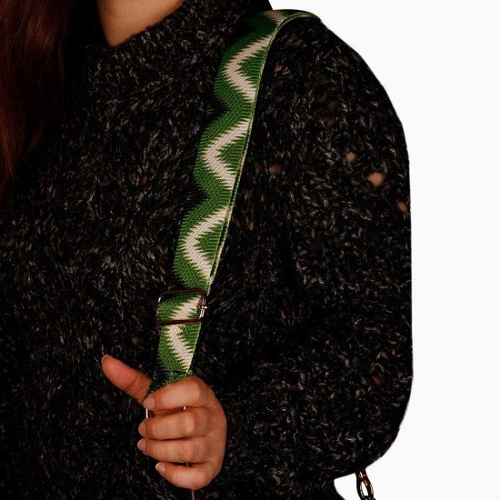 Replacement Guitar Style Handbag Strap In Chevron Green Pattern and Black Leather