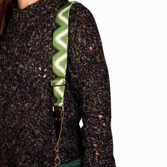 Replacement Guitar Style Handbag Strap In Chevron Green Pattern and Black Leather