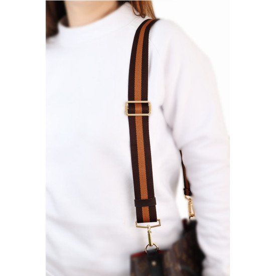 Striped Bitter Brown & Gold Beige Adjustable Crossbody and Shoulder Bag and Purse Strap with Light Gold Clips  (1.5" wide)