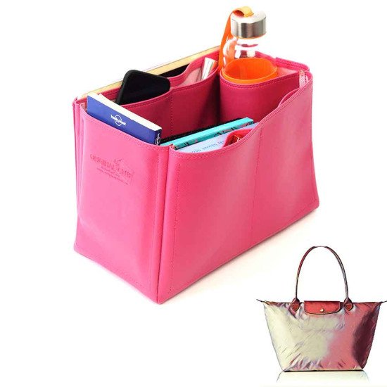 Le Pliage Large and Neo Large Vegan Leather Handbag Organizer in Fuchsia Color