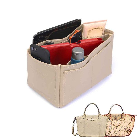 Le Pliage Small Handbag and Cuir Small Vegan Leather Handbag Organizer in Dark Beige Color