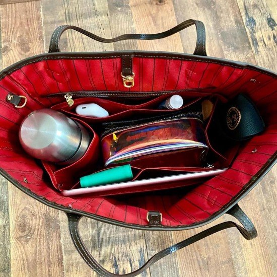 Neverfull MM Vegan Leather Handbag Organizer in Cherry Red Color