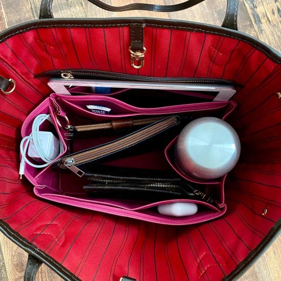 Neverfull MM Vegan Leather Handbag Organizer in Fuchsia Color